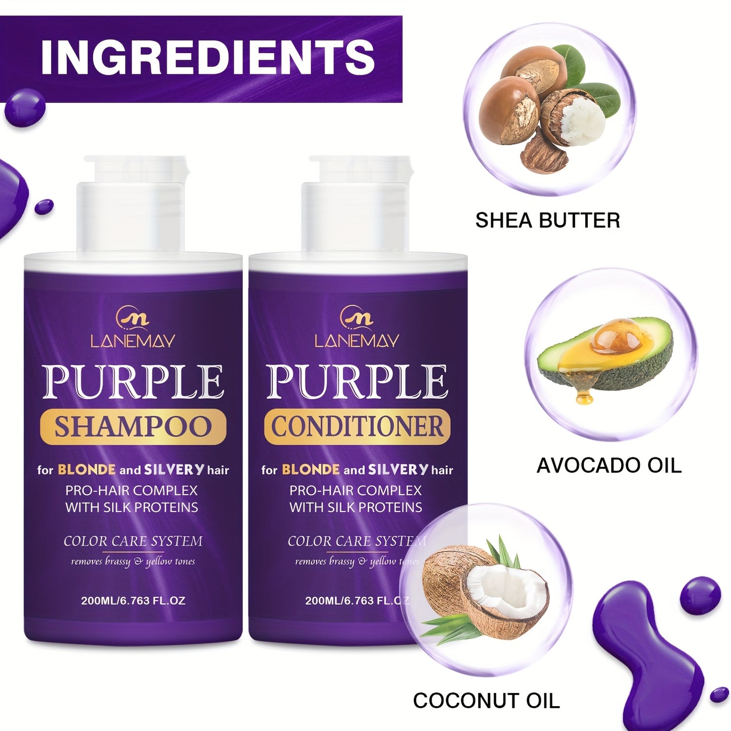 lanemay Purple Shampoo & Conditioner Set – For Blonde & Silver Hair