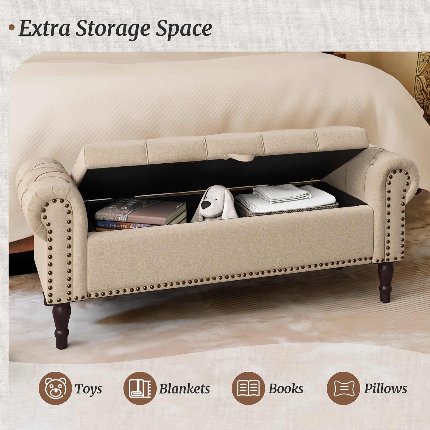 Storage Bench Ottoman with Rolled Arm & Tufted Detail – Linen Upholstered Bedroom & Entryway Bench