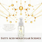 Bottle of hair oil with fatty acid molecular structure illustration on a white background