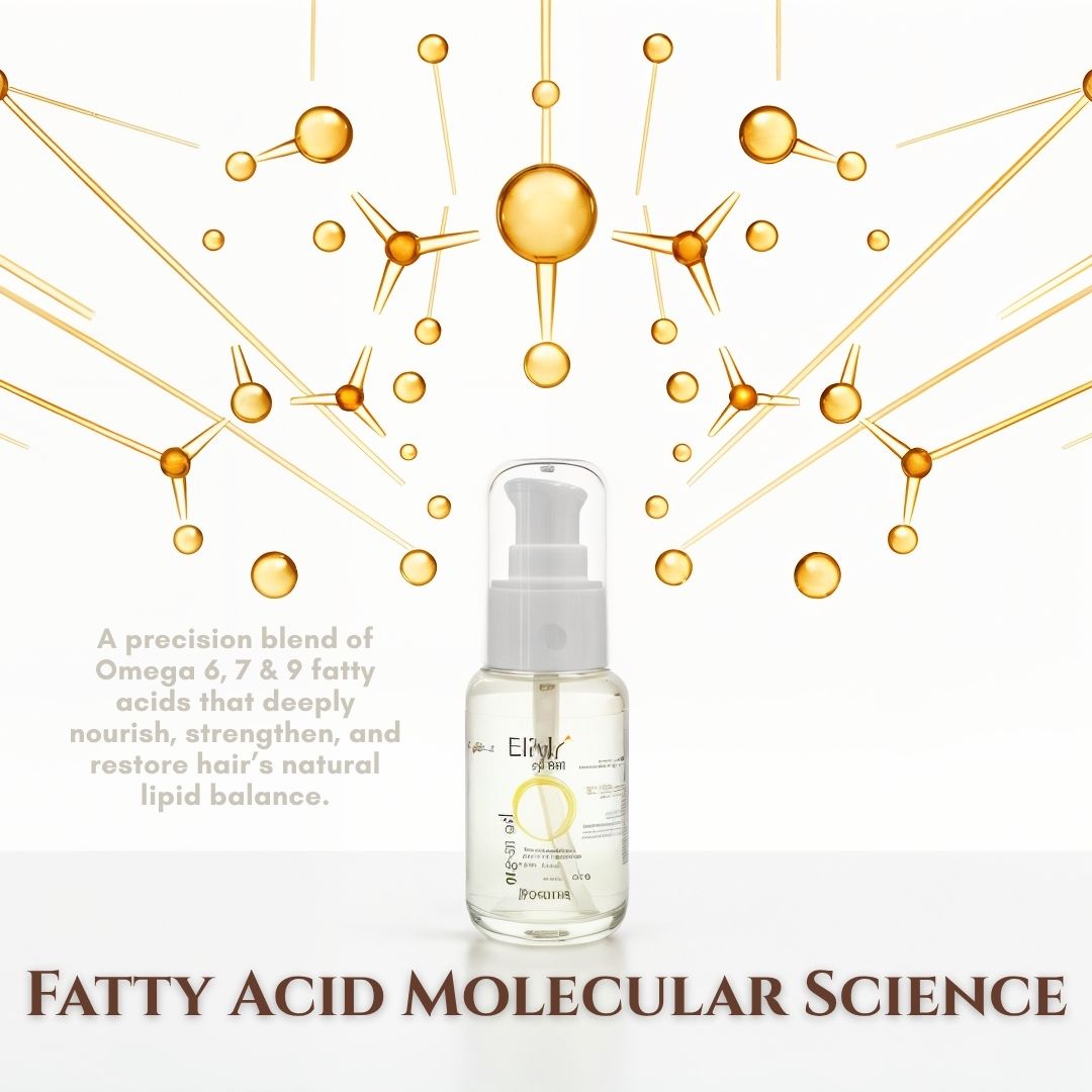 Bottle of hair oil with fatty acid molecular structure illustration on a white background