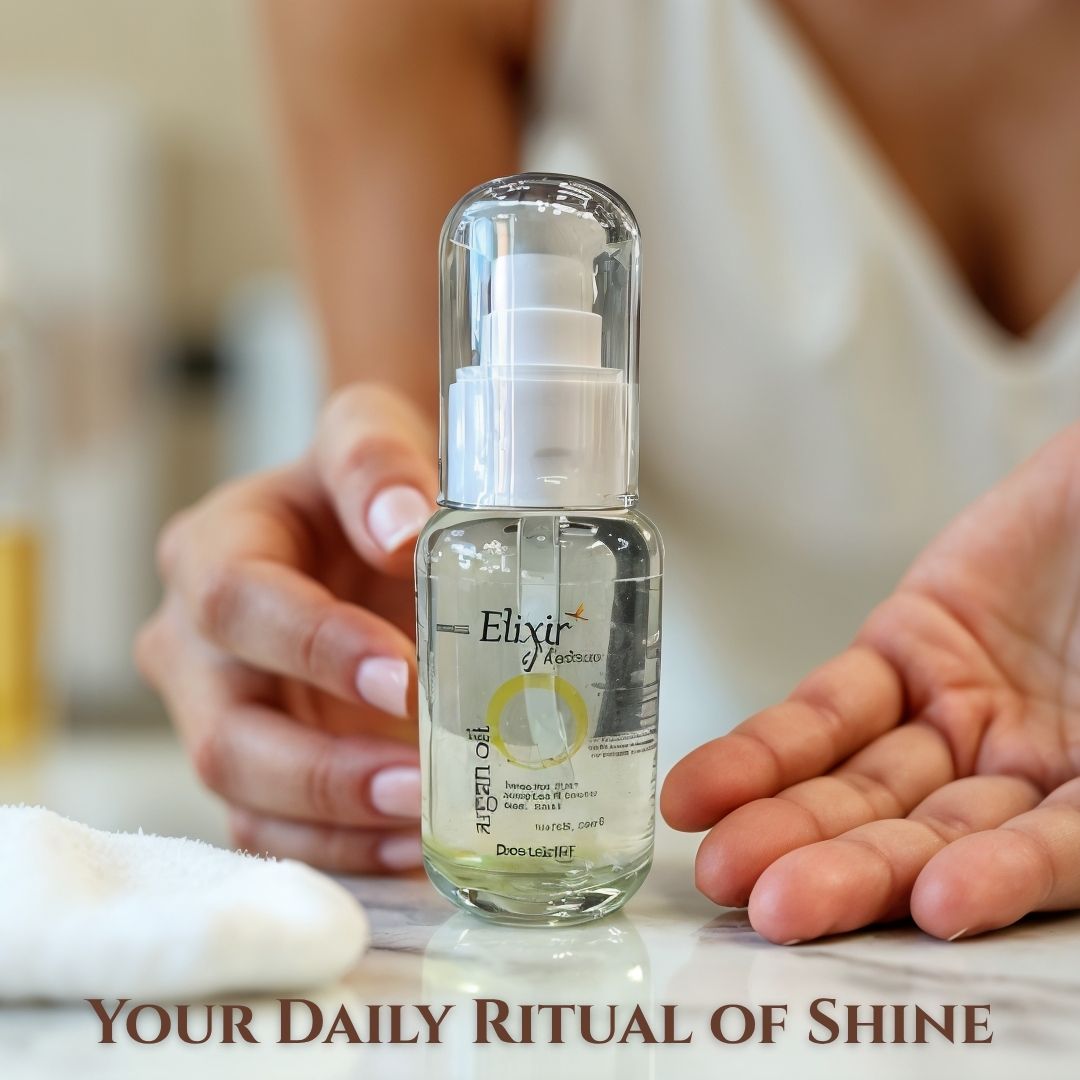 Bottle of 'Elixir of Youth' serum held by a person with text 'Your Daily Ritual of Shine'.