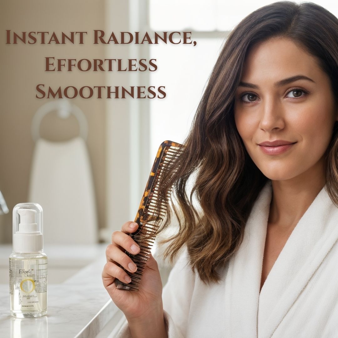 Woman holding a hairbrush and bottle with text 'Instant Radiance, Effortless Smoothness' in a bathroom setting.