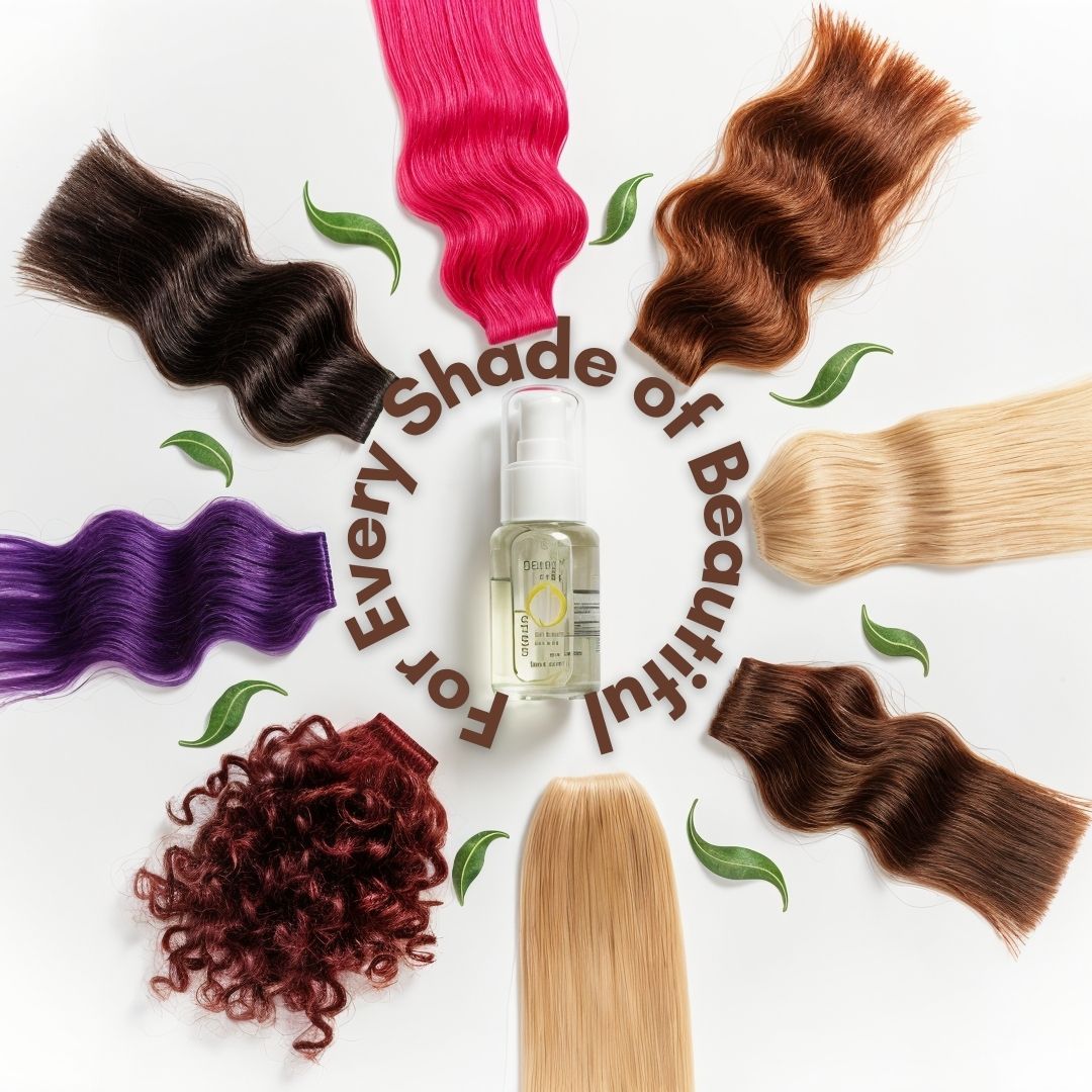 Collection of hair extensions in various colors with a bottle in the center on a white background.