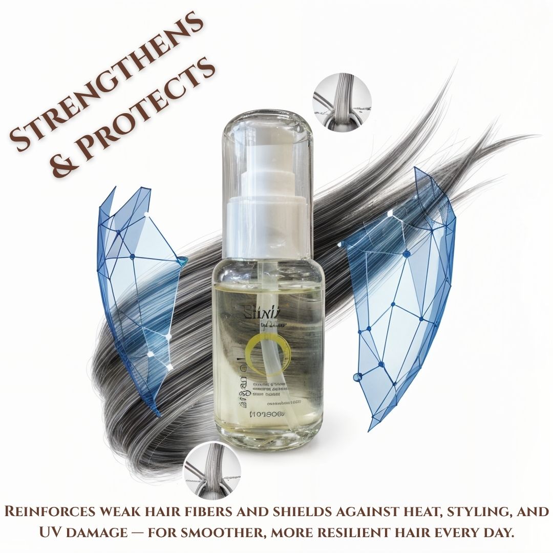 Hair care product bottle with text about strengthening and protecting hair on a white background