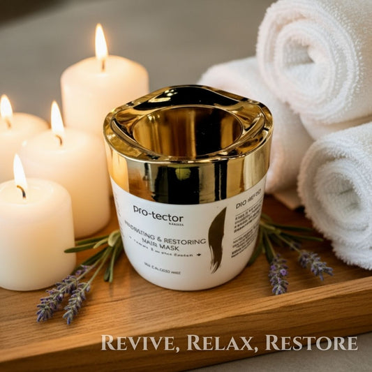 Gold and white hair mask container with candles and towels on a wooden tray
