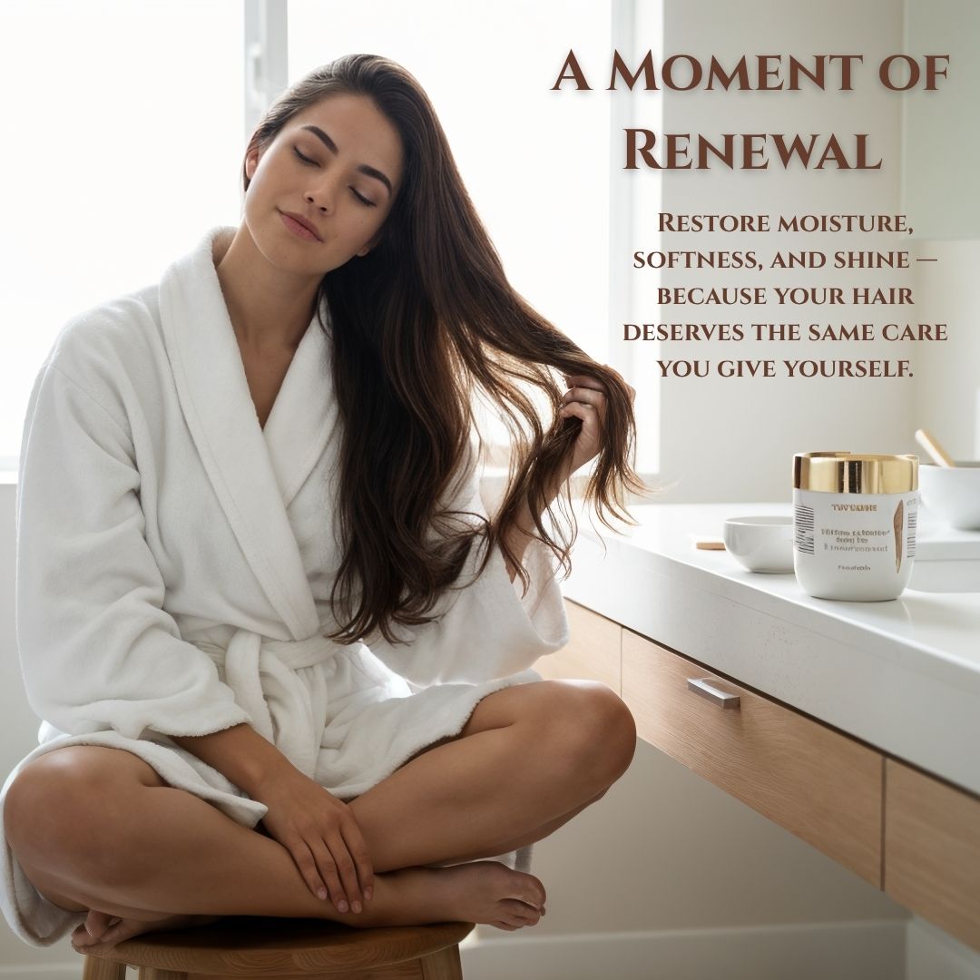 Woman in a white robe sitting on a stool with text about hair care products.