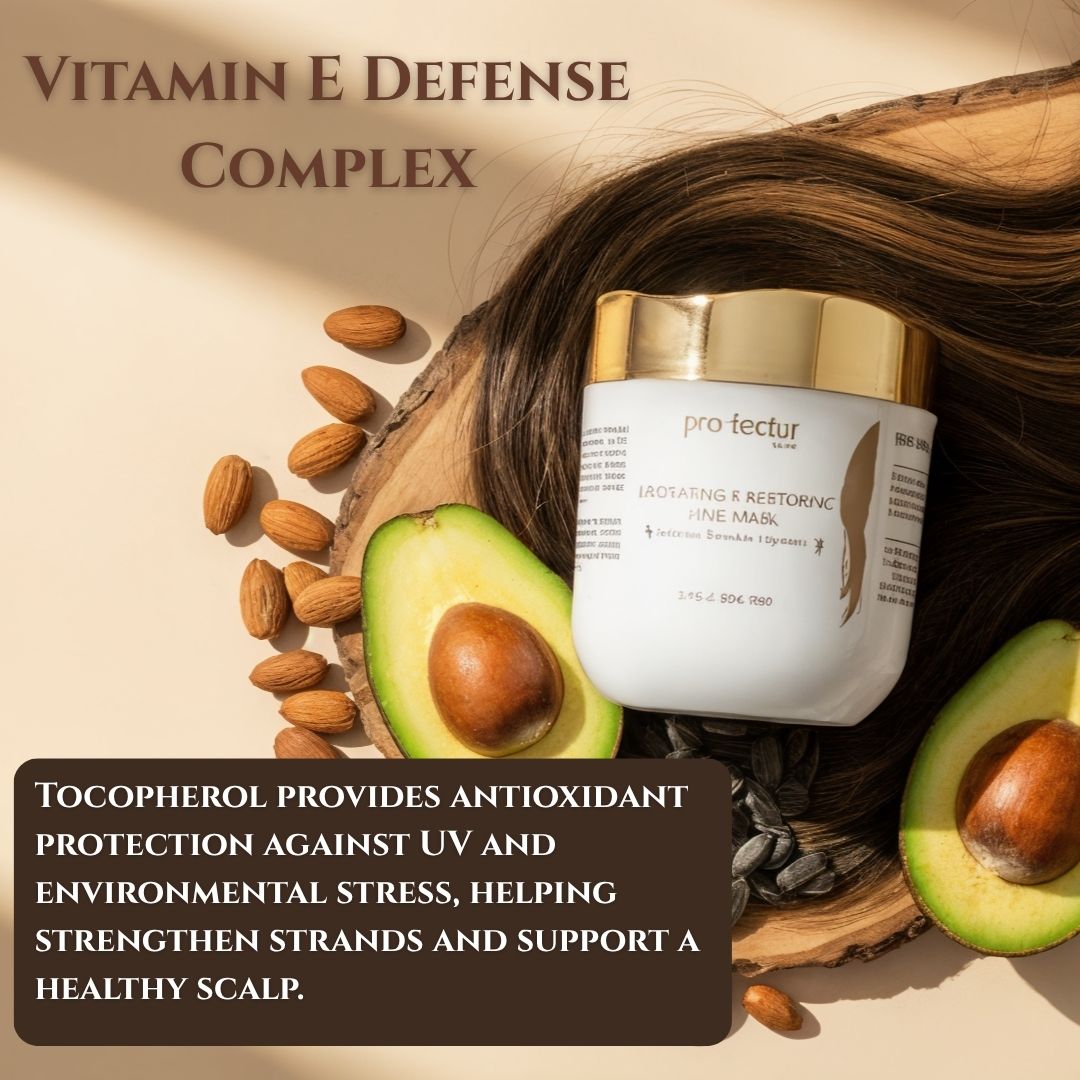 Cosmetic jar with avocado and almonds on a wooden background, promoting Vitamin E defense complex.