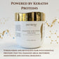 Hair mask jar with gold lid on a light background, featuring text about keratin proteins and hair care benefits.