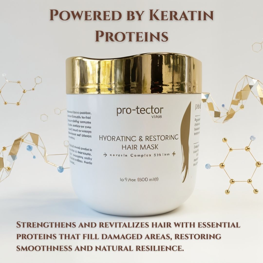 Hair mask jar with gold lid on a light background, featuring text about keratin proteins and hair care benefits.