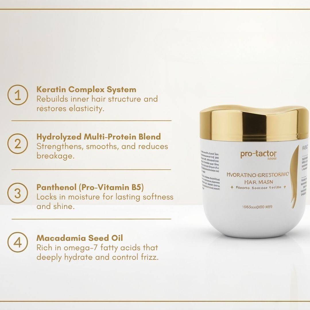 Hair mask jar with ingredients listed on a white background