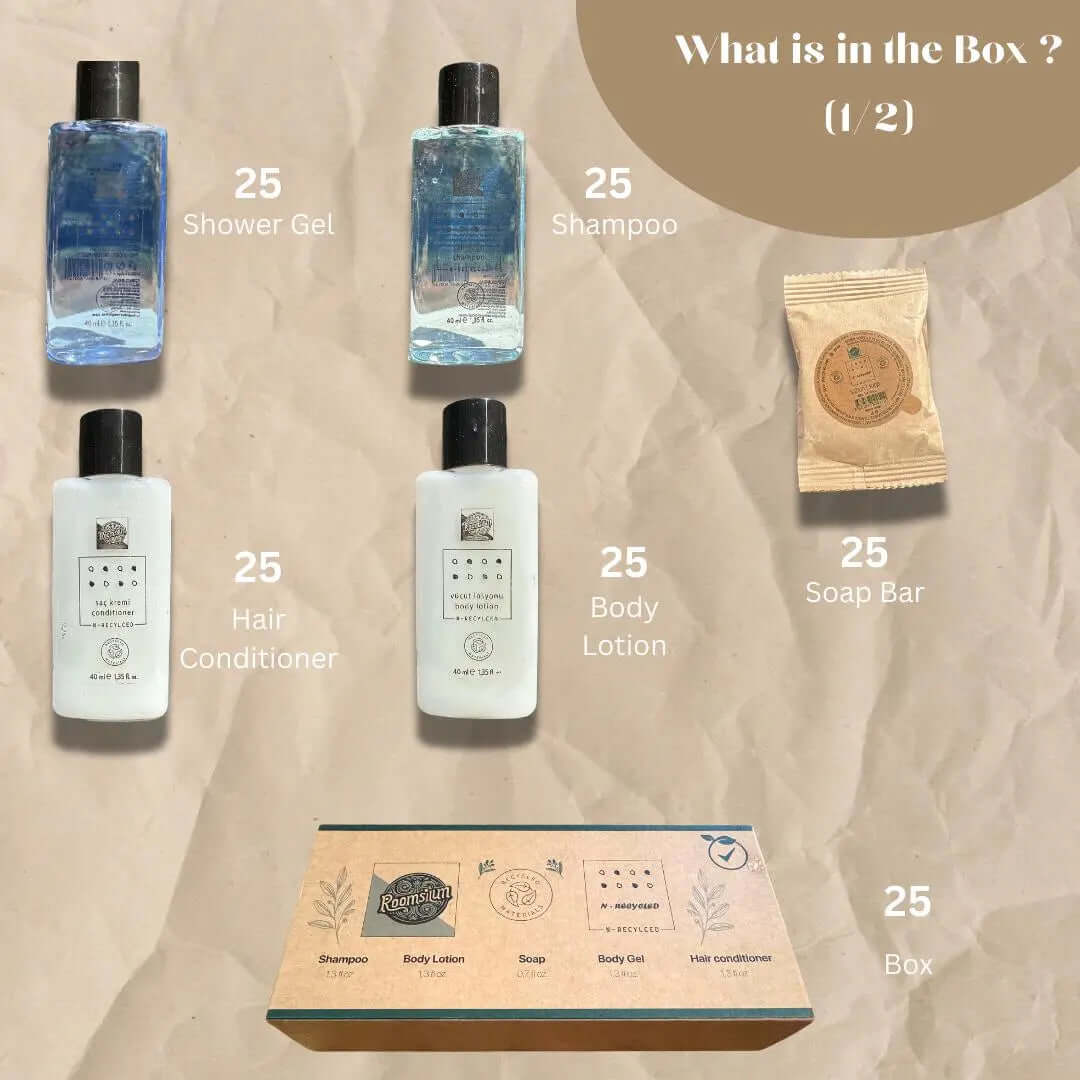 Roomsium N-Recycled Eco-Friendly Personal Care Set | 205 Pieces | 25 Shampoo & Conditioner Sets + 50 Essentials Packs | Recyclable, Sustainable for SPAs, Travelers & Wellness Centers Roomsium