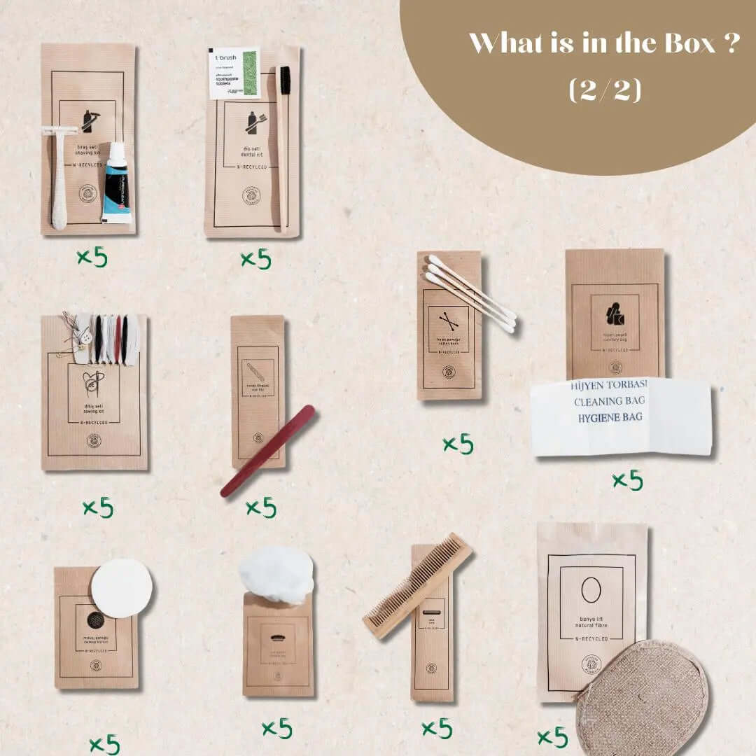 Roomsium N-Recycled Eco-Friendly Personal Care Set | 205 Pieces | 25 Shampoo & Conditioner Sets + 50 Essentials Packs | Recyclable, Sustainable for SPAs, Travelers & Wellness Centers Roomsium