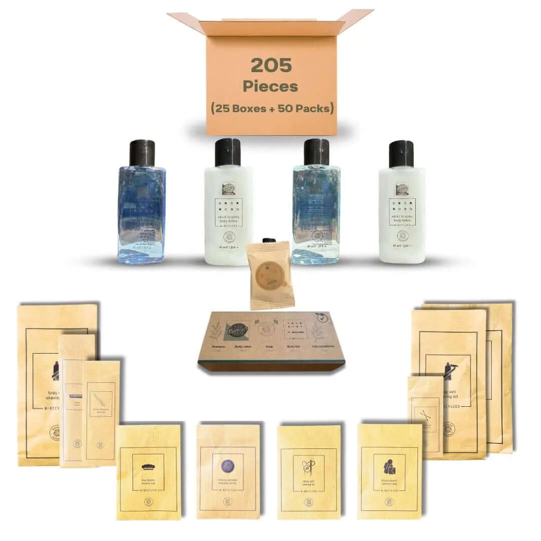 Roomsium N-Recycled Eco-Friendly Personal Care Set | 205 Pieces | 25 Shampoo & Conditioner Sets + 50 Essentials Packs | Recyclable, Sustainable for SPAs, Travelers & Wellness Centers Roomsium