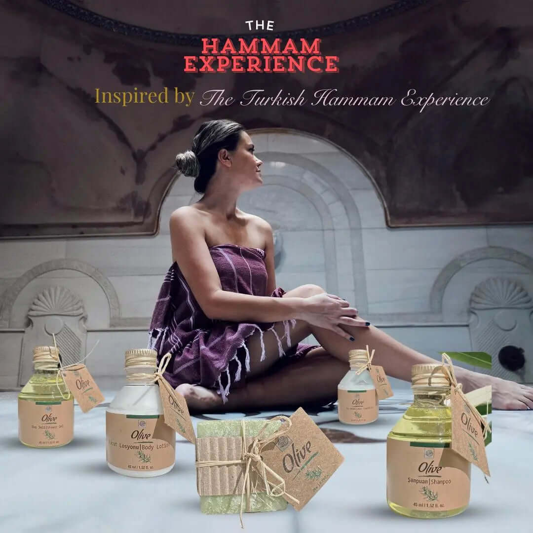 Roomsium Olive Turkish Hammam Experience Body Wash | Travel Size Toiletries | Airbnb Essentials for Hosts | 1.52 Floz Shampoo | Shower Gel  | Hair Conditioner | Body Lotion | Soap | 150 Pieces Roomsium