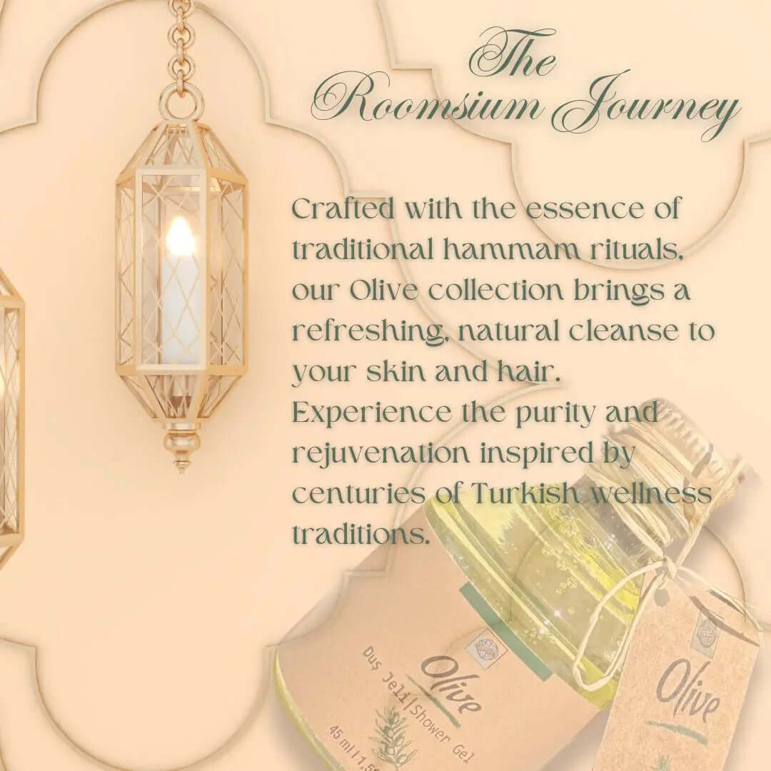 Roomsium Olive Turkish Hammam Experience Body Wash | Travel Size Toiletries | Airbnb Essentials for Hosts | 1.52 Floz Shampoo | Shower Gel  | Hair Conditioner | Body Lotion | Soap | 150 Pieces Roomsium