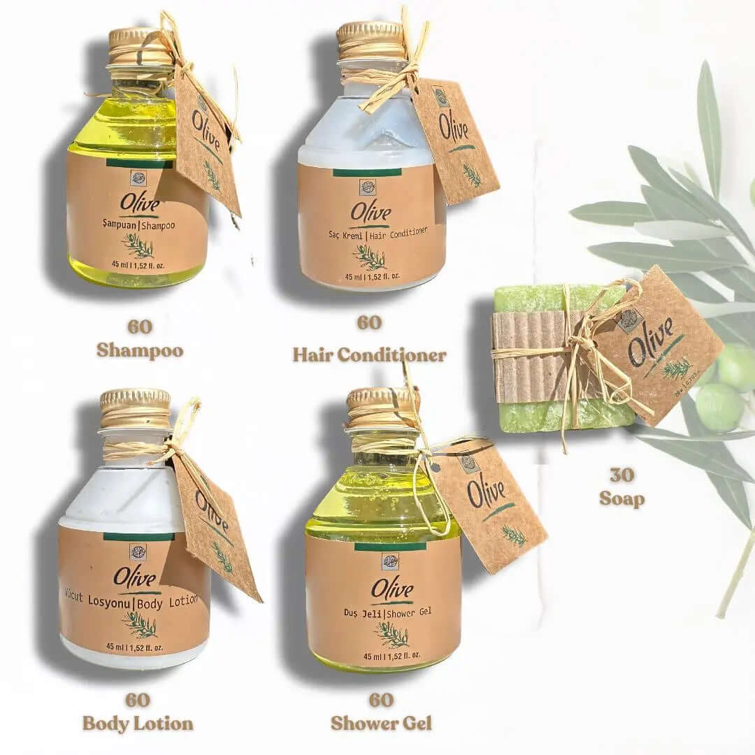 Roomsium Olive Turkish Hammam Experience Body Wash | Travel Size Toiletries | Airbnb Essentials for Hosts | 1.52 Floz Shampoo | Shower Gel  | Hair Conditioner | Body Lotion | Soap | 150 Pieces Roomsium