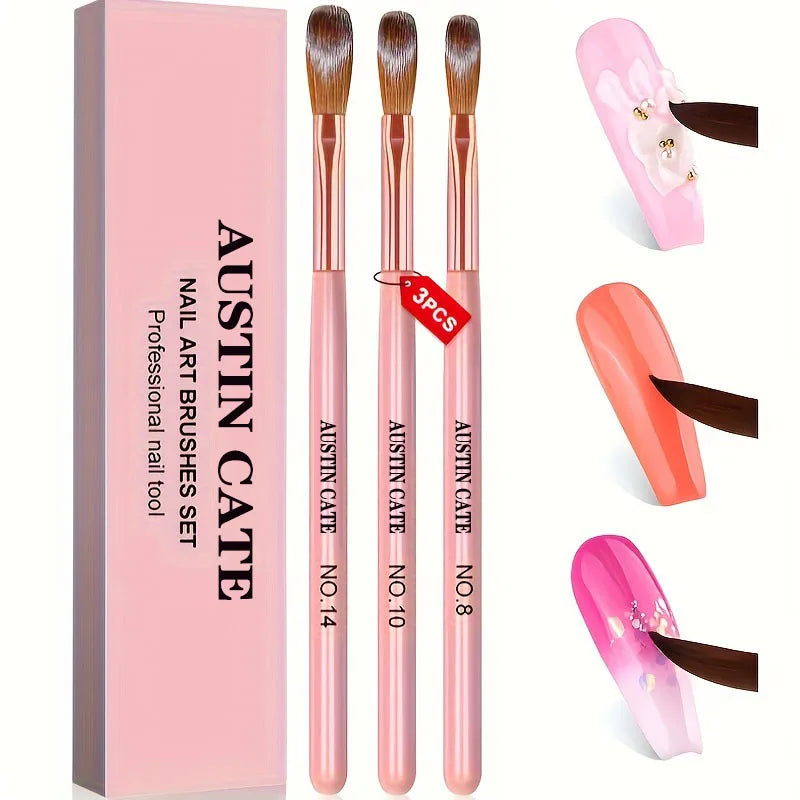 3pcs Acrylic Nail Brush Set (#8/#10/#14) – Nylon Nail Art Brushes for Acrylic Application