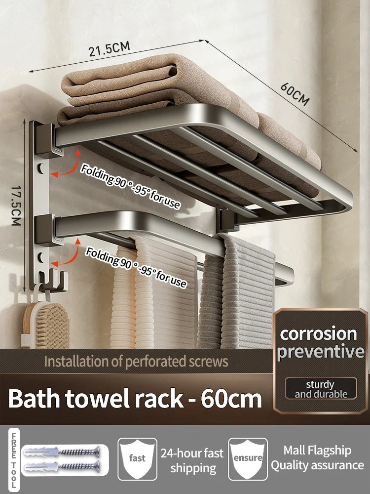Wall-Mounted Aluminum Towel Rack – Grey/Black Bathroom Storage (40–60cm) - Roomsium