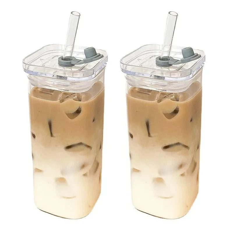 Square Heat-Resistant Glass Coffee Cup with Lid & Straw – 400ml - Roomsium