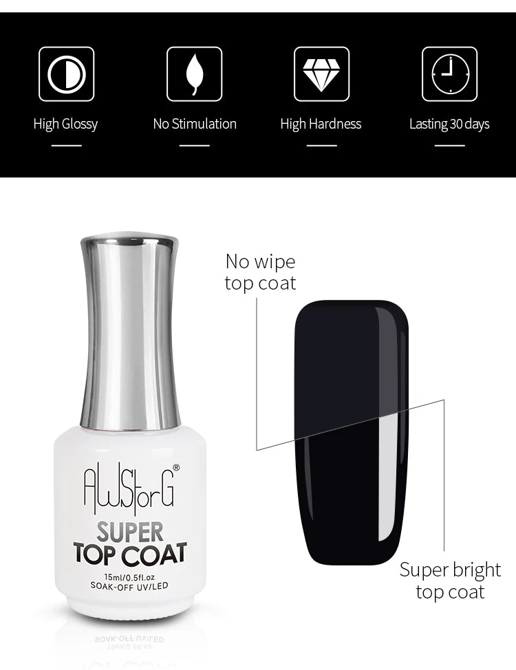 AWSTORG No-Wipe Super Top Coat Gel Polish – 15ml High-Gloss UV/LED Finish