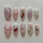 24PCS Wine Red Almond Press-On Nails with Rabbit Design