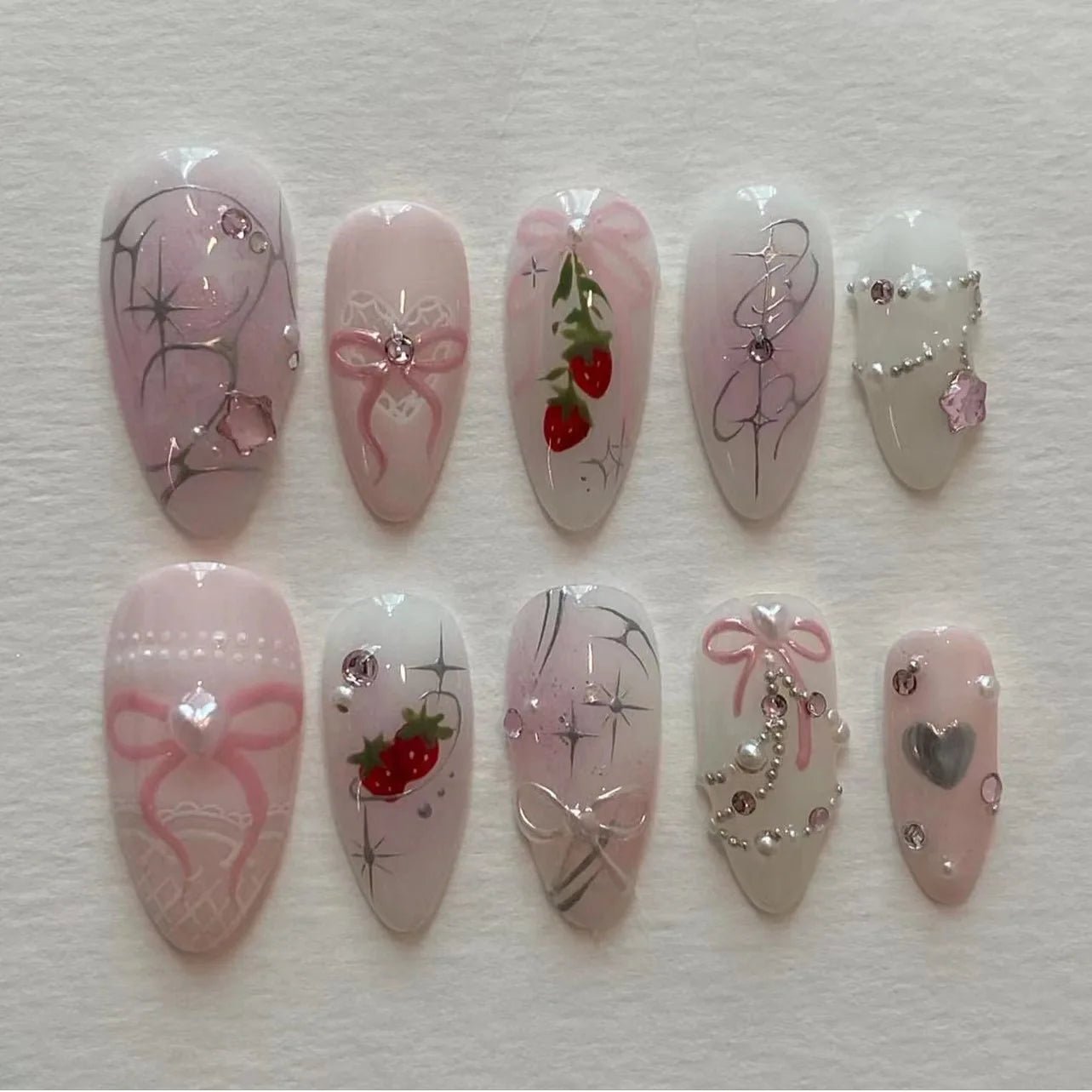 24PCS Wine Red Almond Press-On Nails with Rabbit Design
