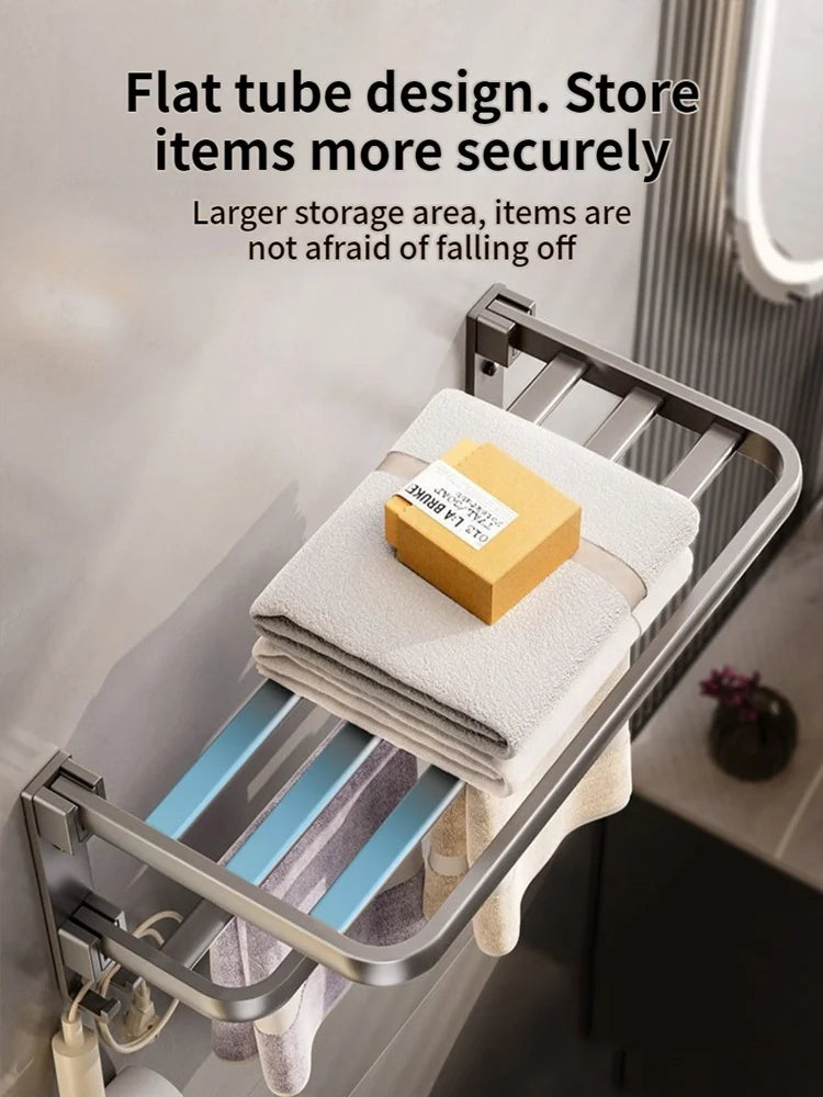 Wall-Mounted Aluminum Towel Rack – Grey/Black Bathroom Storage (40–60cm) - Roomsium