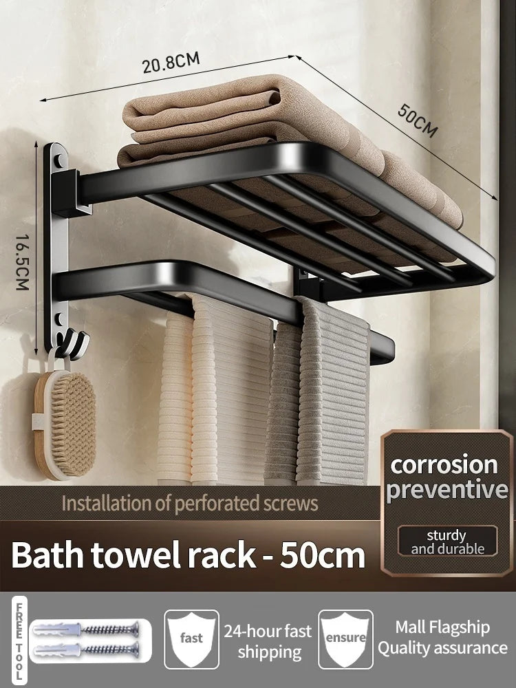 Wall-Mounted Aluminum Towel Rack – Grey/Black Bathroom Storage (40–60cm) - Roomsium