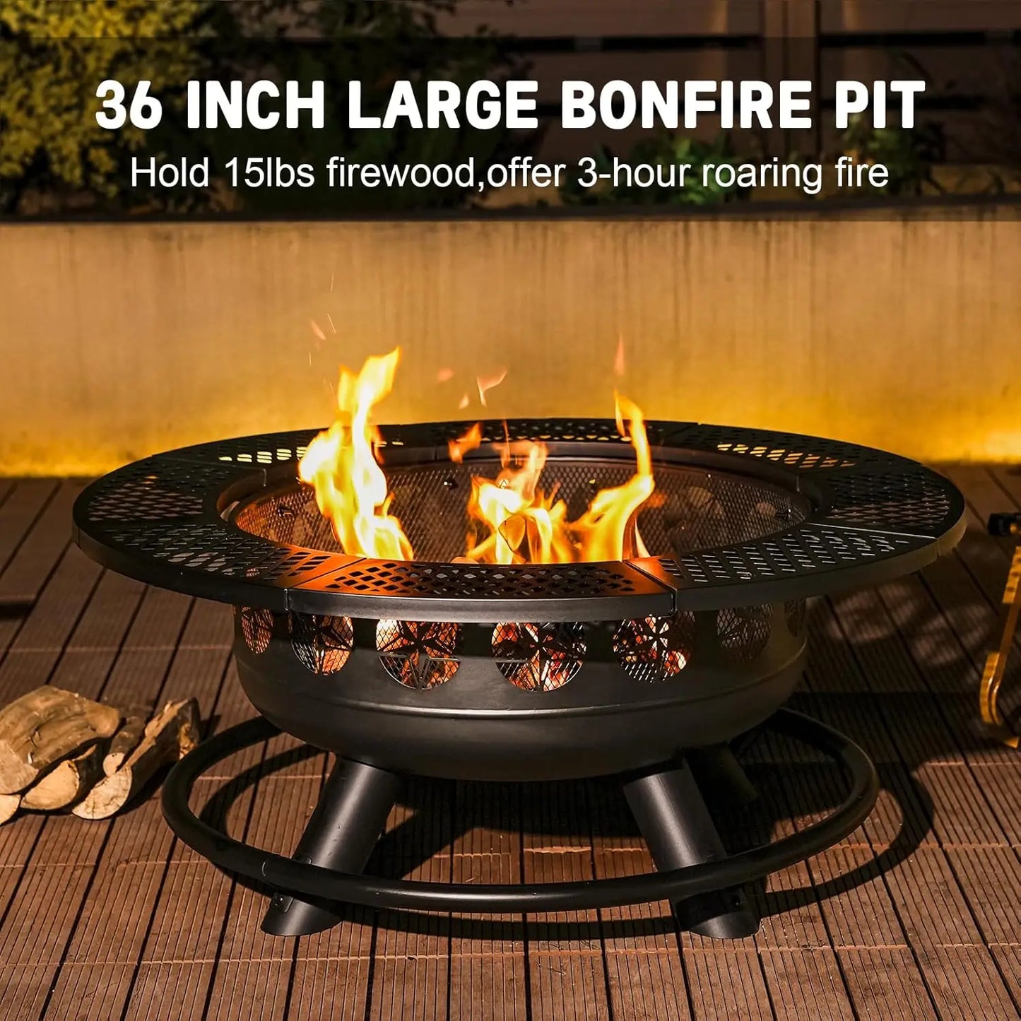 36 Inch Outdoor Fire Pit with 2 Cooking Grills – Wood Burning 3-in-1 Firepit with Lid