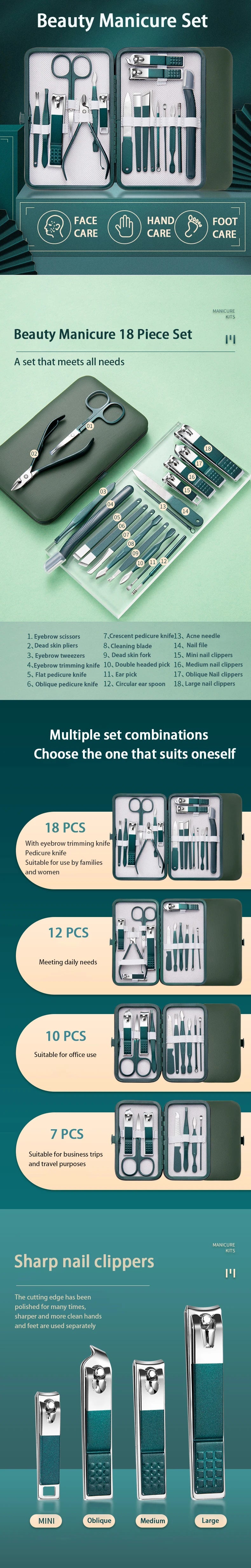 Professional Stainless Steel Manicure & Pedicure Kit – 7/10/12/18 Piece Nail Care Set with Travel Case - Roomsium