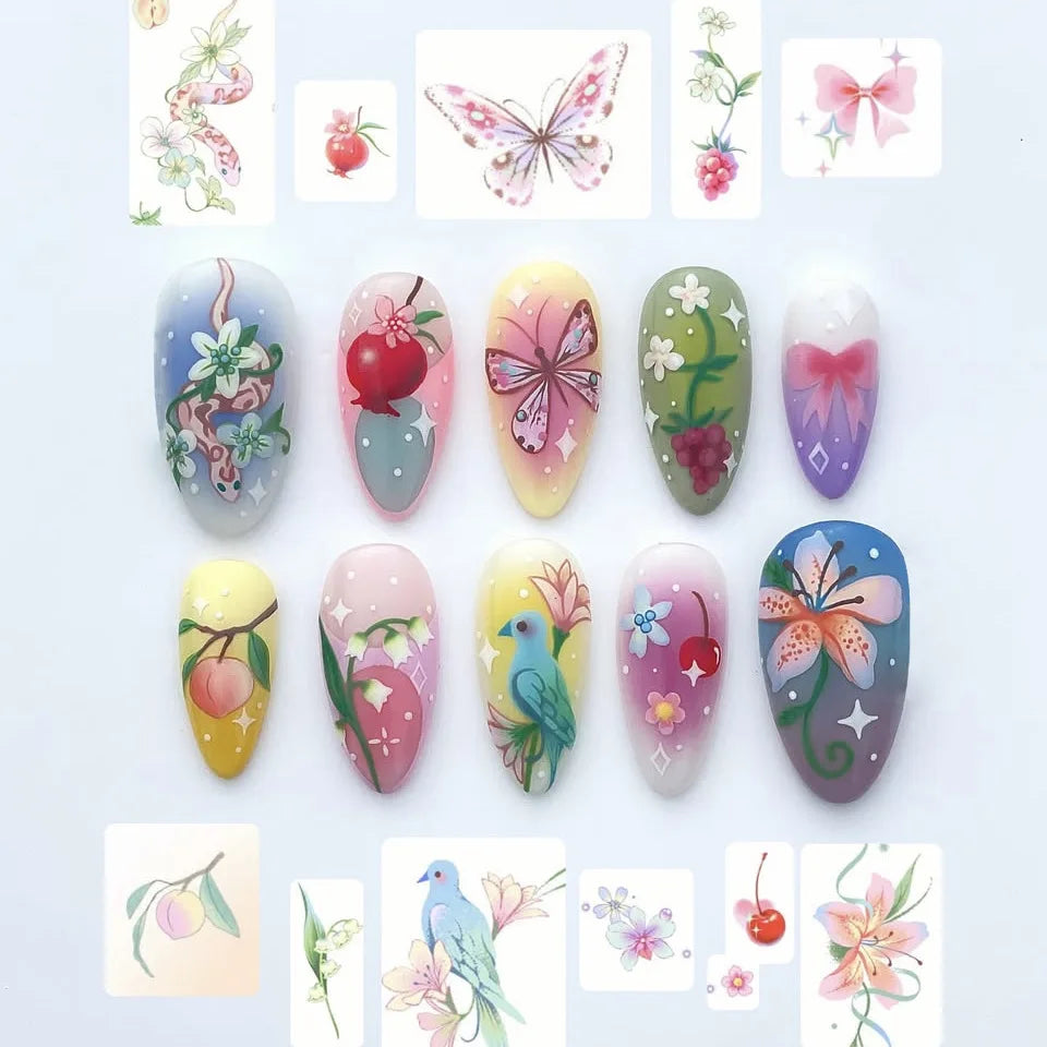 24PCS Wine Red Almond Press-On Nails with Rabbit Design