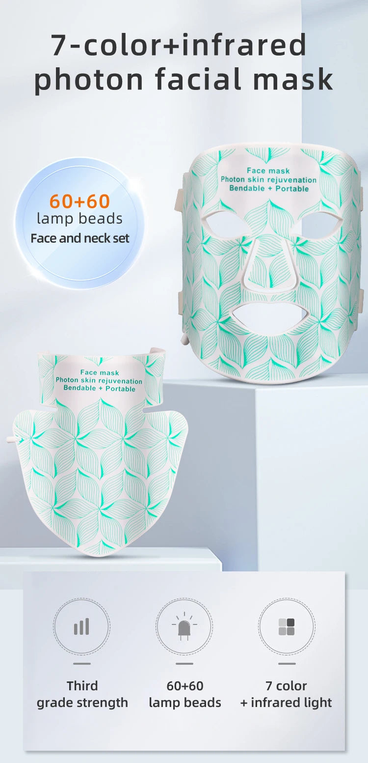 7-Color LED Face & Neck Mask with Infrared Light – Skin Rejuvenation & Anti-Aging Light Therapy