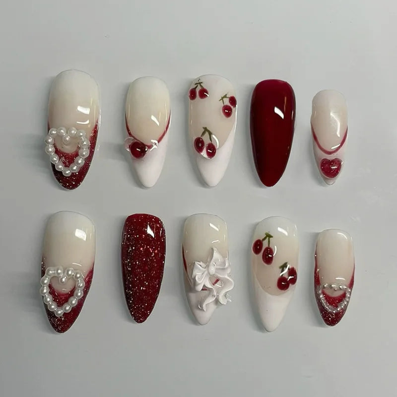 24PCS Wine Red Almond Press-On Nails with Rabbit Design