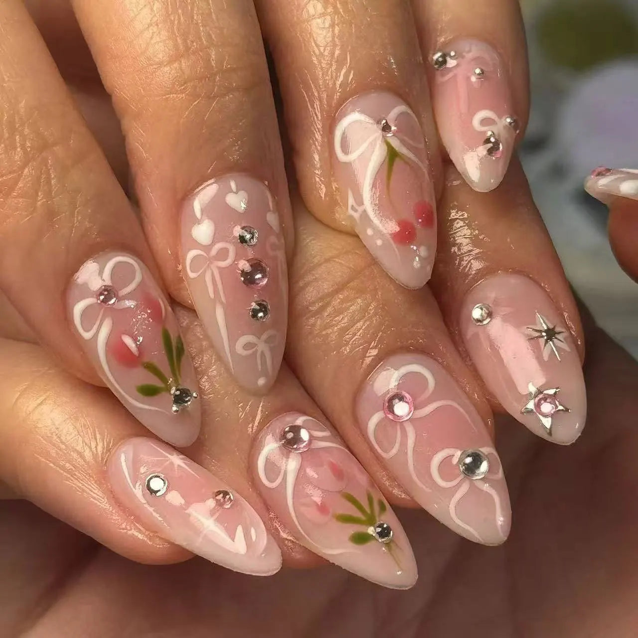 24PCS Wine Red Almond Press-On Nails with Rabbit Design