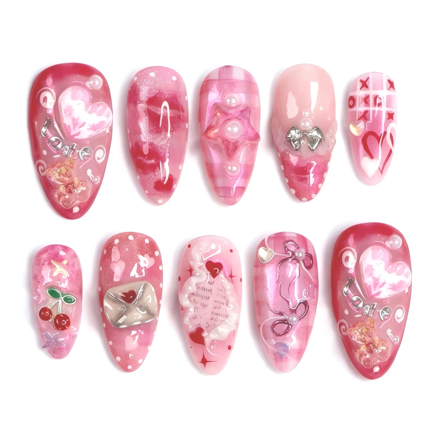 24PCS Wine Red Almond Press-On Nails with Rabbit Design