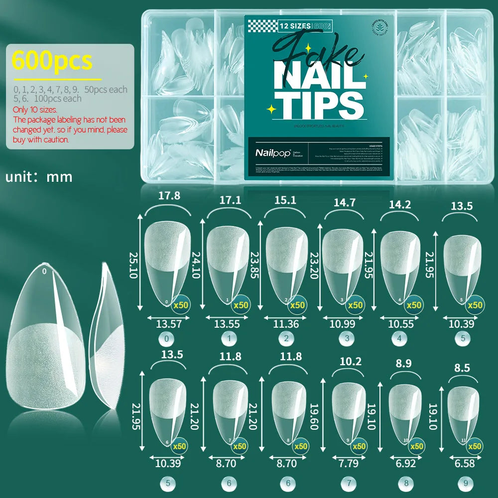 NAILPOP 600PCS Soft Gel X Nail Tips – Full Cover Coffin Almond Oval Pre-Buff Semi-Matte False Nails - Roomsium