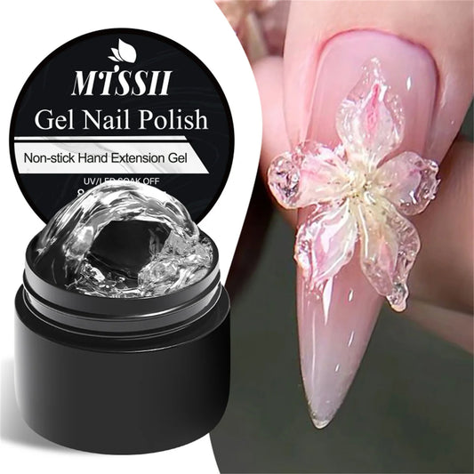 Missii Gel Nail Polish with a black container and a nail with a floral design.