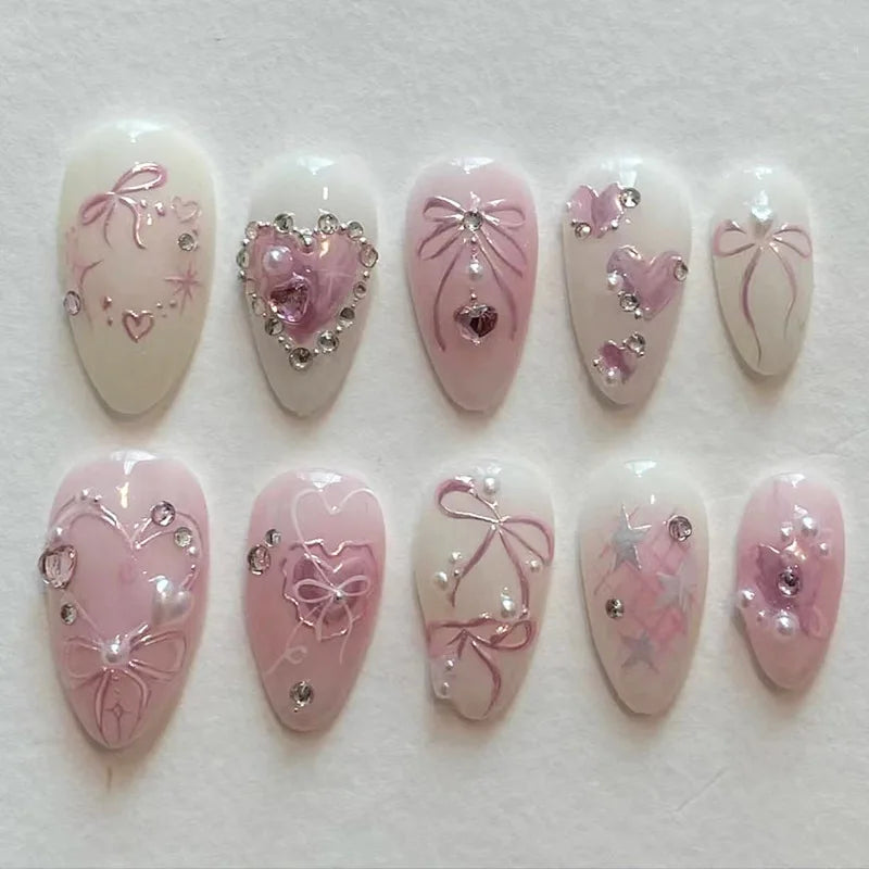 24PCS Wine Red Almond Press-On Nails with Rabbit Design