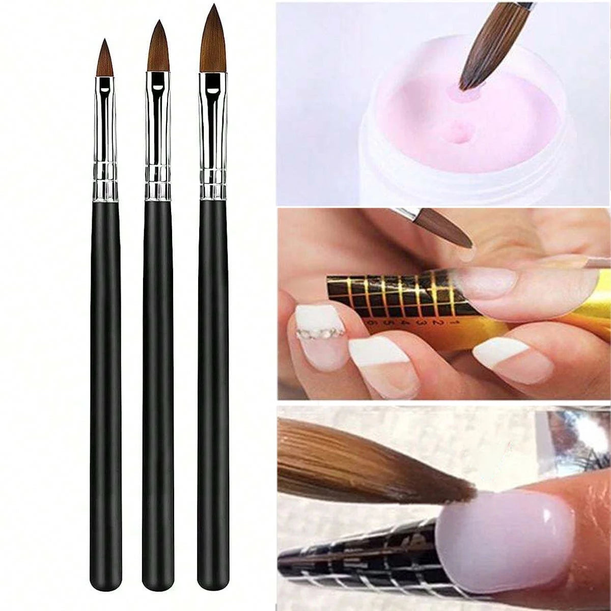 3pcs Acrylic Nail Brush Set (#8/#10/#14) – Nylon Nail Art Brushes for Acrylic Application