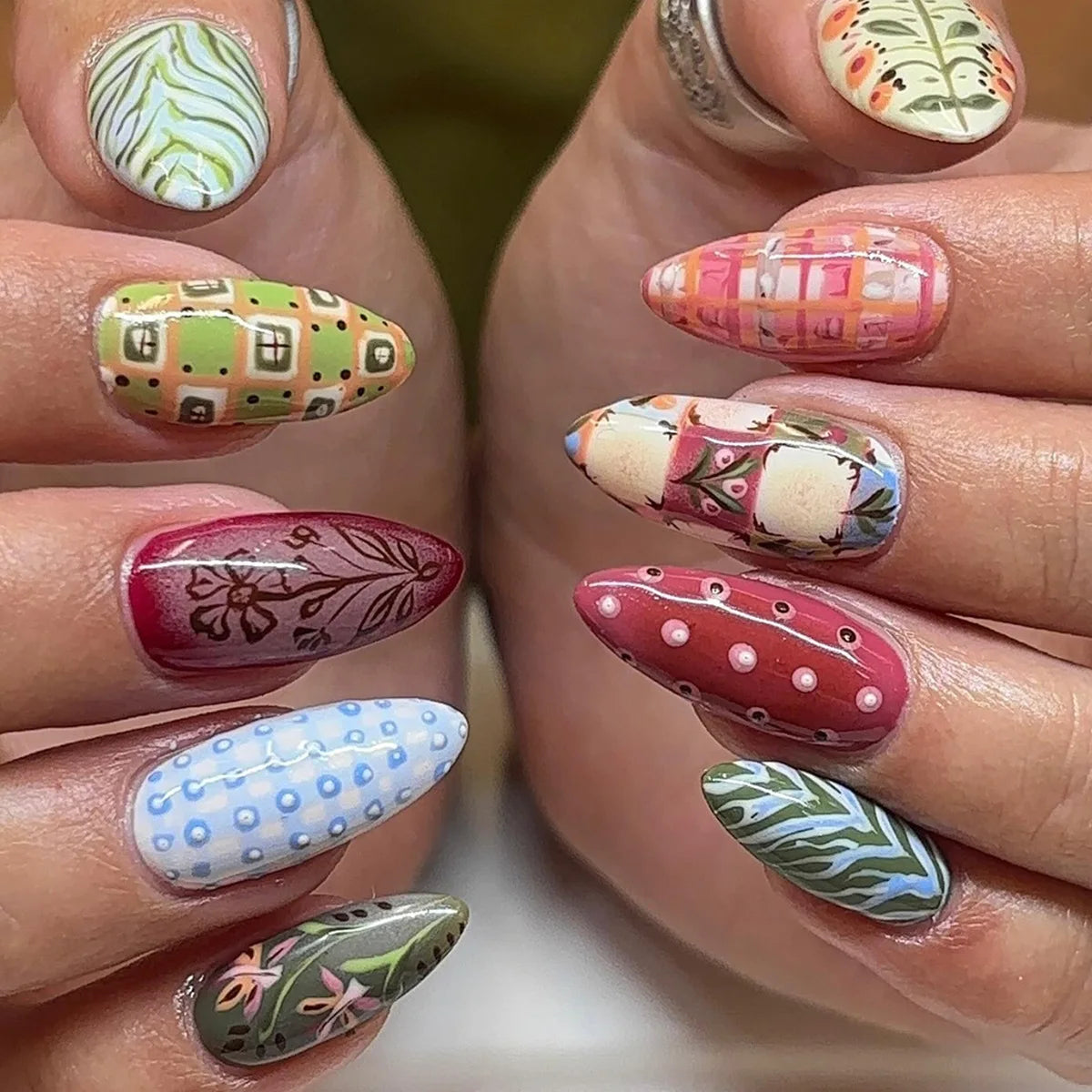 24PCS Wine Red Almond Press-On Nails with Rabbit Design