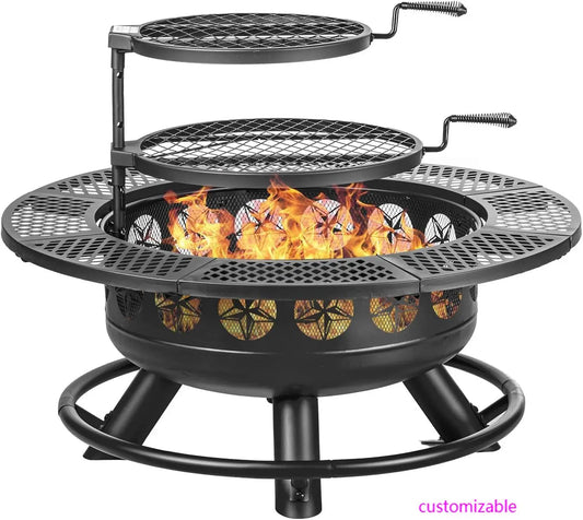 36 Inch Outdoor Fire Pit with 2 Cooking Grills – Wood Burning 3-in-1 Firepit with Lid