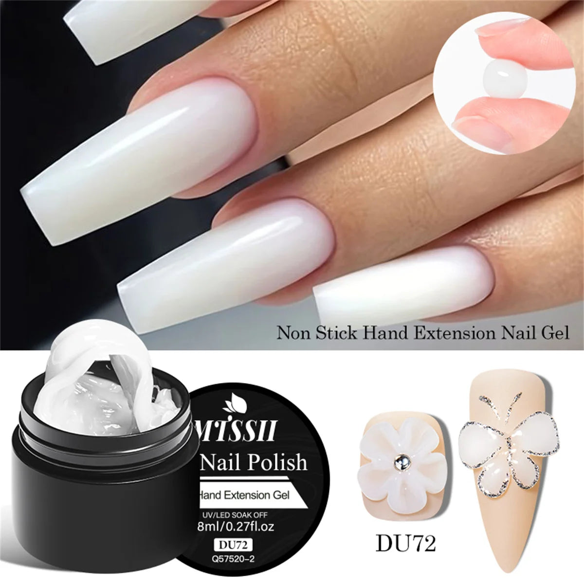 Nail extension gel with a hand displaying white nails, a container of nail polish, and decorative nails.