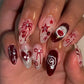 24PCS Wine Red Almond Press-On Nails with Rabbit Design
