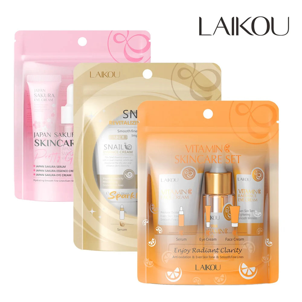 LAIKOU Vitamin C Sakura & Snail 3-Piece Skincare Set – Travel Size Face Care Kit - Roomsium