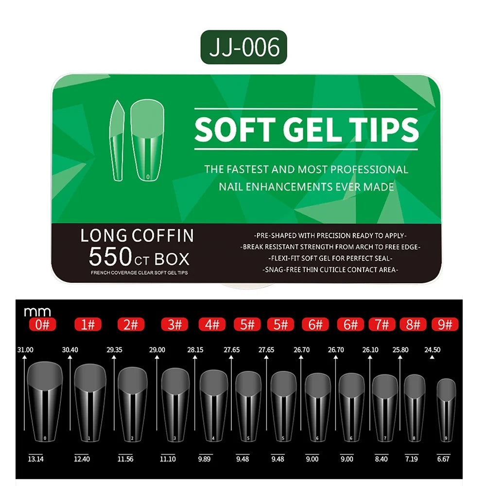550pcs Soft Gel Full Cover Nail Tips – Almond & Coffin