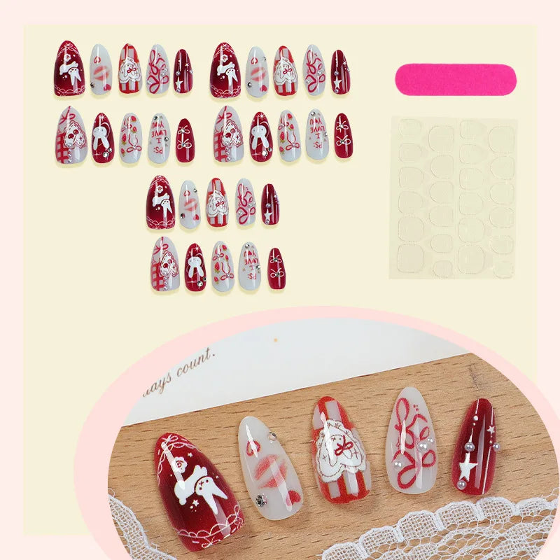 24PCS Wine Red Almond Press-On Nails with Rabbit Design