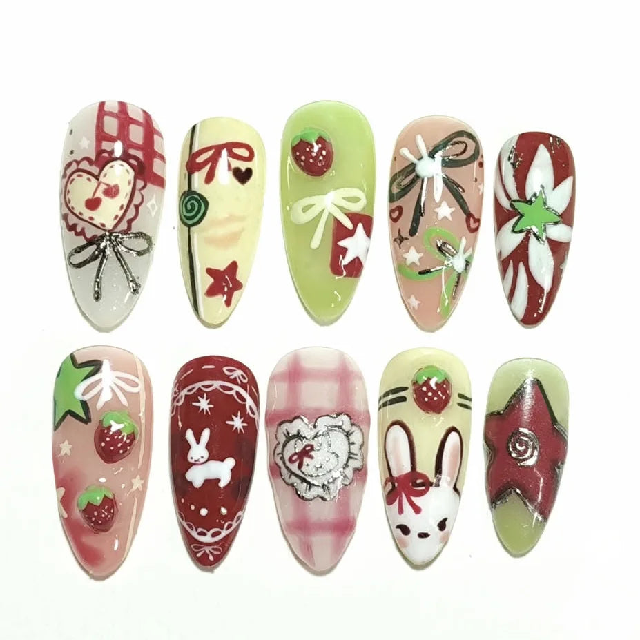 24PCS Wine Red Almond Press-On Nails with Rabbit Design