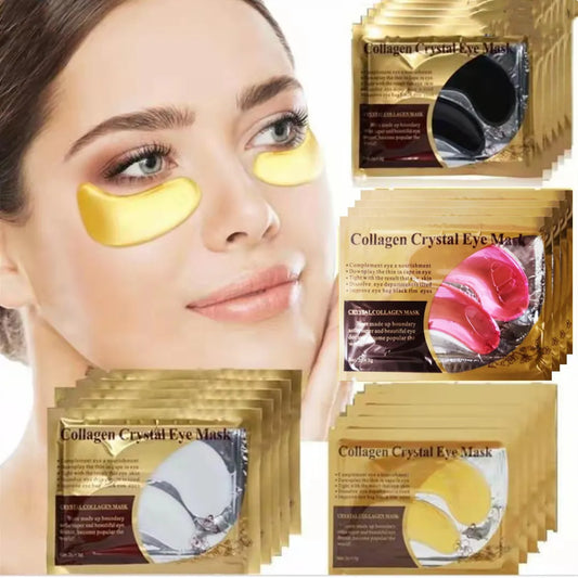 Collagen crystal eye masks with a woman wearing them and multiple packaging options.