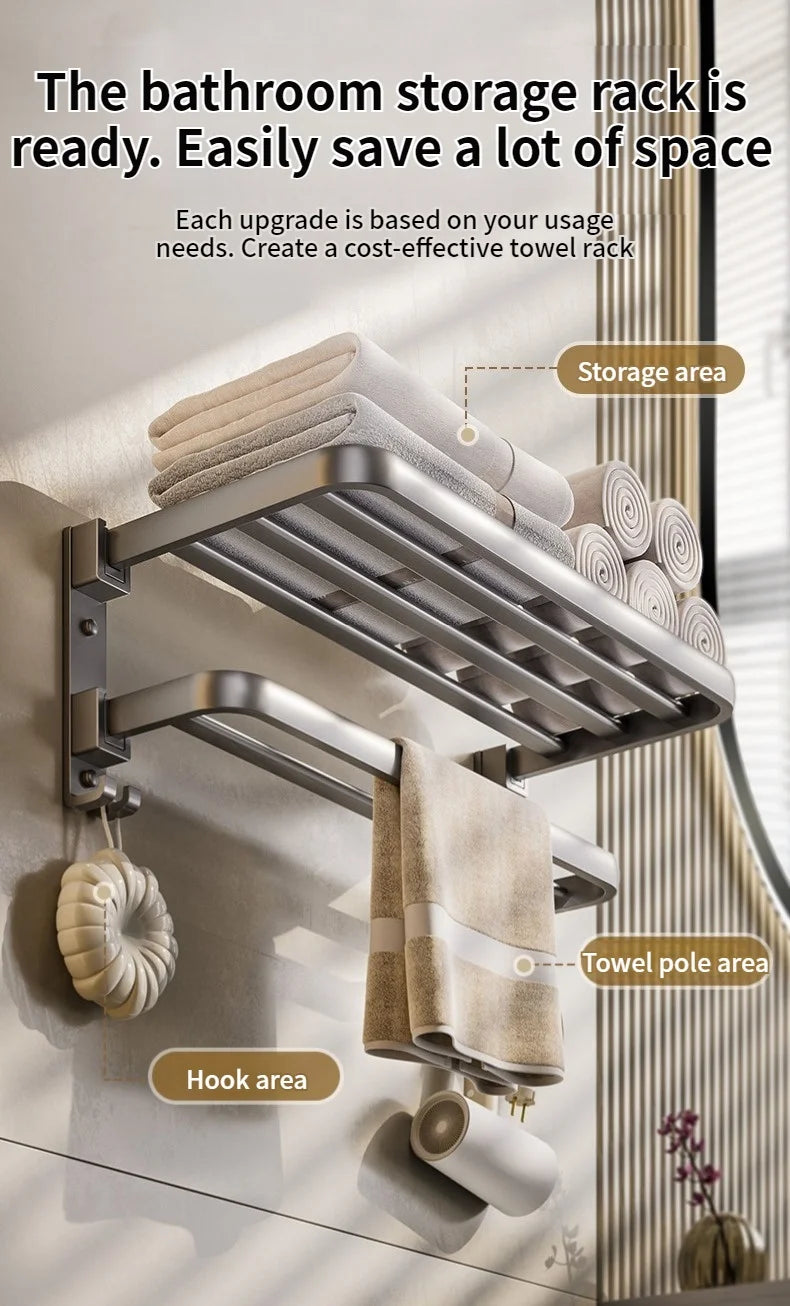 Wall-Mounted Aluminum Towel Rack – Grey/Black Bathroom Storage (40–60cm) - Roomsium