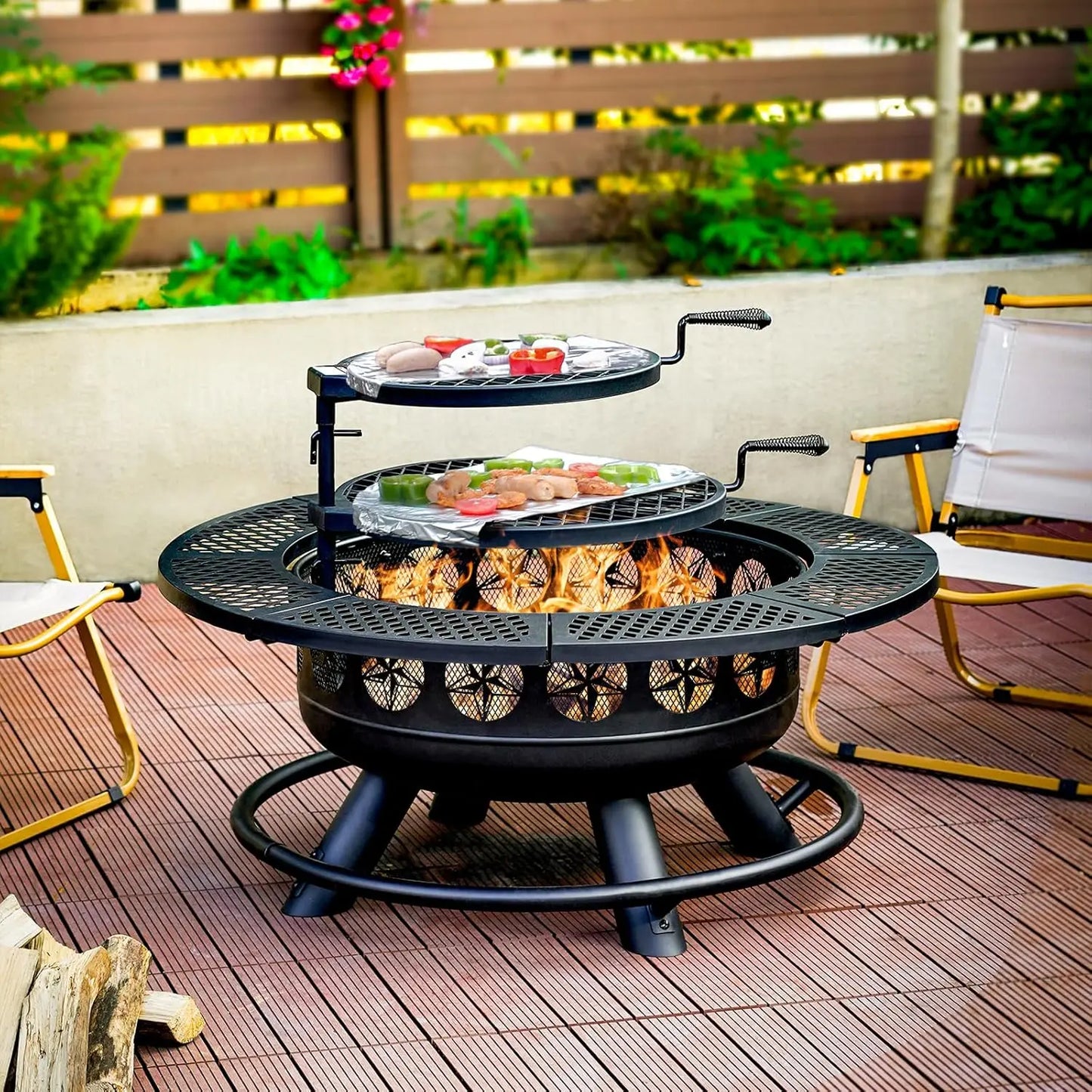 36 Inch Outdoor Fire Pit with 2 Cooking Grills – Wood Burning 3-in-1 Firepit with Lid